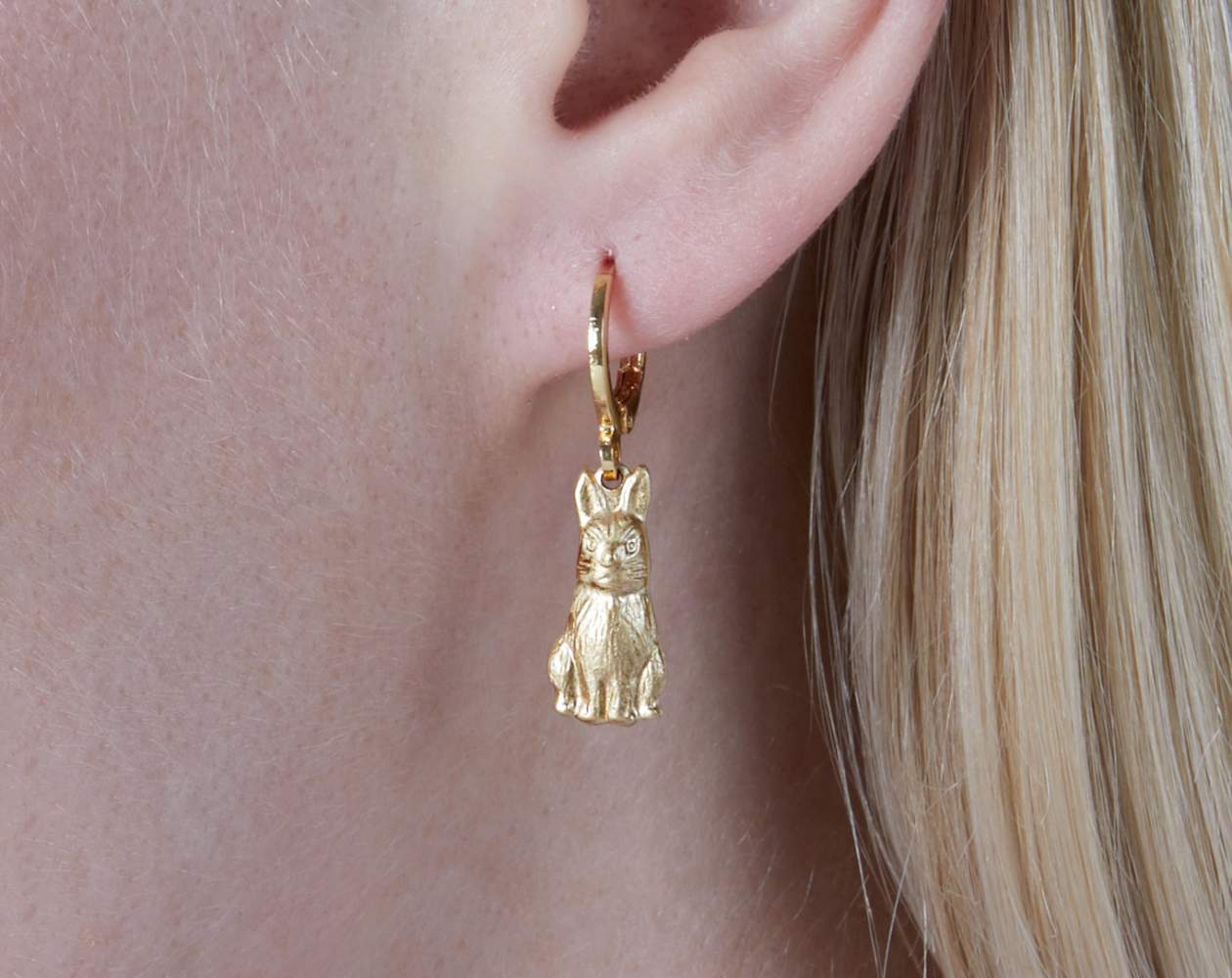 Bunny rabbit hoop charm earrings. Gold filled huggie hoops.